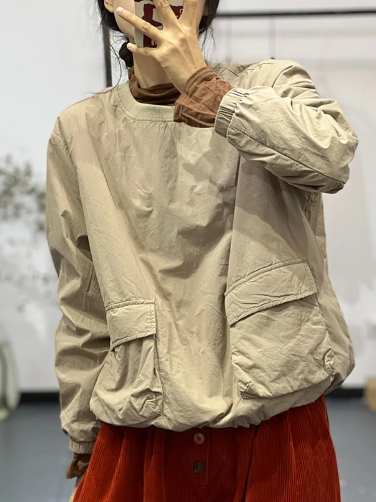 

Casual round Ne Cotton Filled Sweatirt Women's Winter Warm Top with Big kets Sli Commute Loose Fit Pure Color