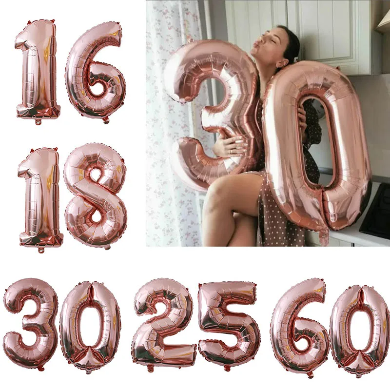 2pcs 32inch Rose Gold Balloon Number Banner 18 25 30 40 50 60 Birthday Party Decoration Kids Adult Anniversary Digit Foil Ballon