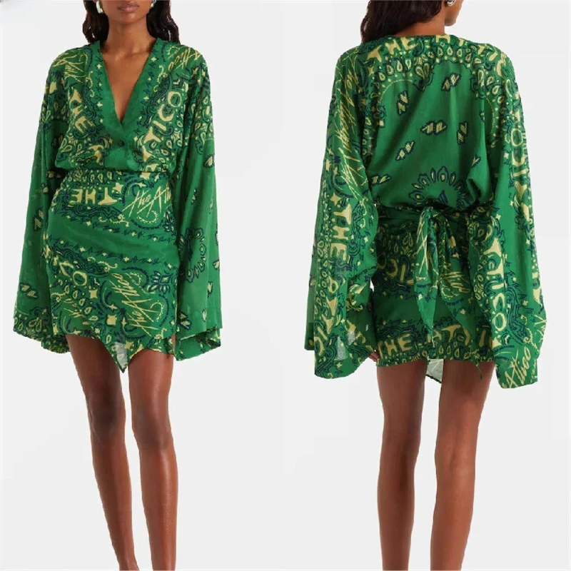 2026 Elegant Green Cashew Flower Print V-neck Bell Sleeve Asymmetrical Hem Lady Vacation Style Dress European Style Summer