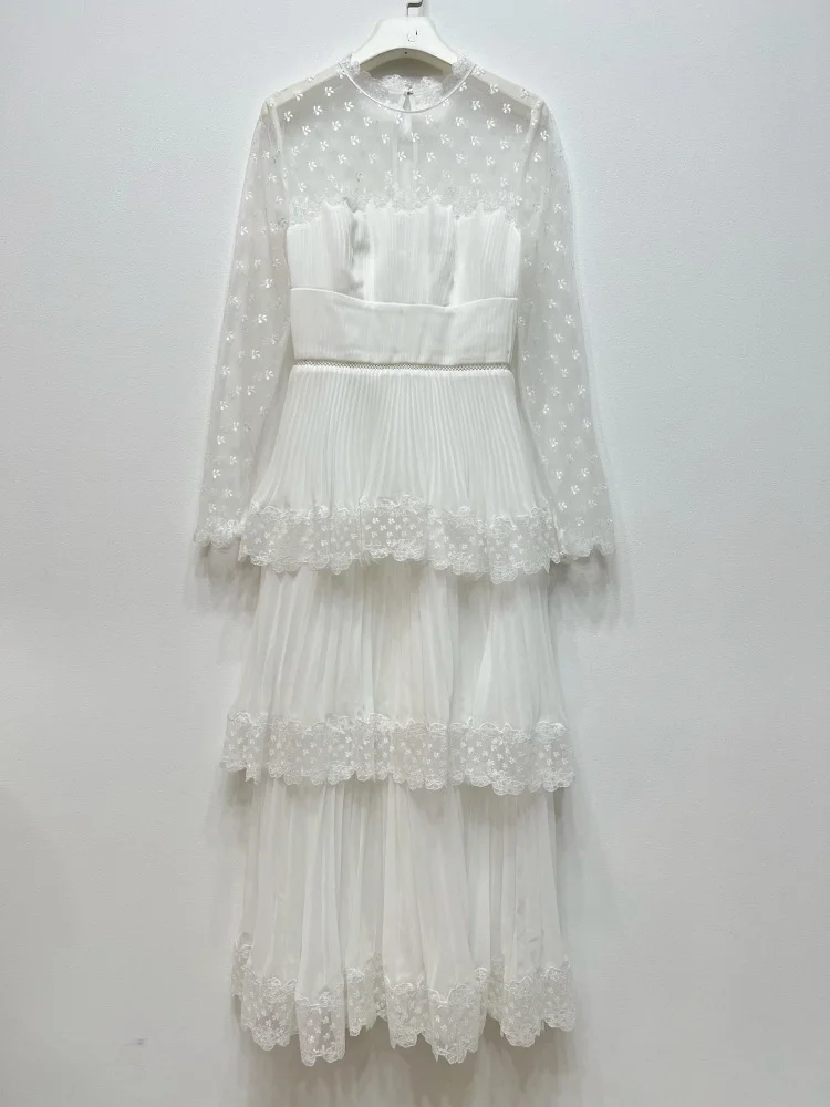 

2023 Summer Women White Elegant Cake Midi Long Dress Lace Embroidery Mesh Long Sleeve Slim Chiffon Dresses Evening Party Night