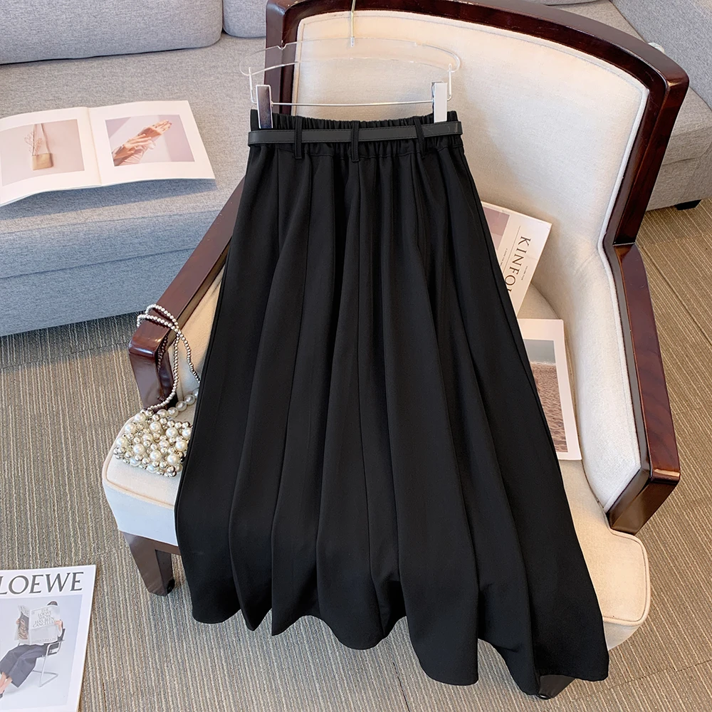 Spring and Autumn New Plus Size Women's Black Elastic Waist A-line Loose Casual Versatile Medium Long Skirt College Style