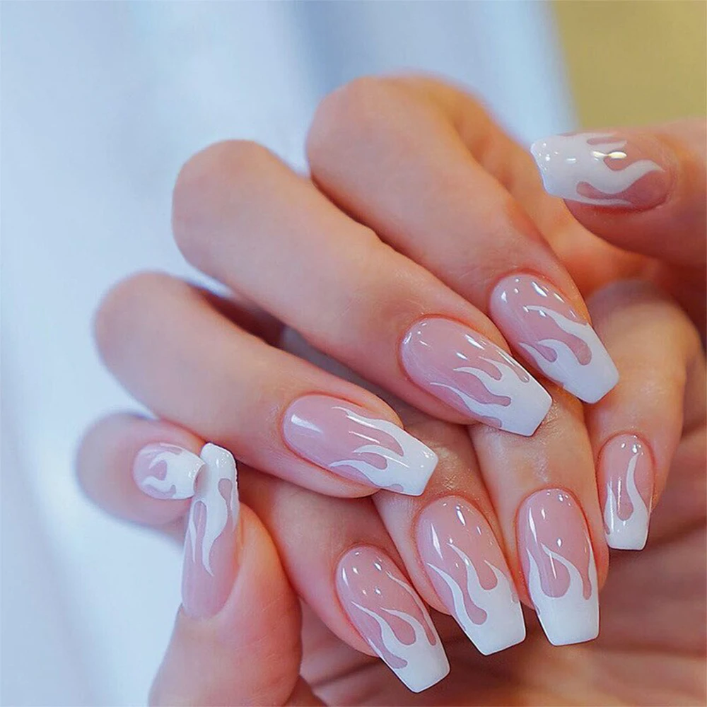 

24Pcs/Box Charming Pink Flame Short Detachable Finished Fingernails Ballet Wearable Fake Nails press on Square Head Full Cover