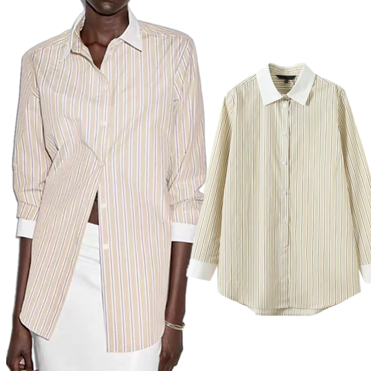 

Maxdutti Минималистичная элегантная женская рубашка в желтую полоску с цветными блоками и длинными рукавами Женские рубашки и блузки Женская одежда Рубашки Топ