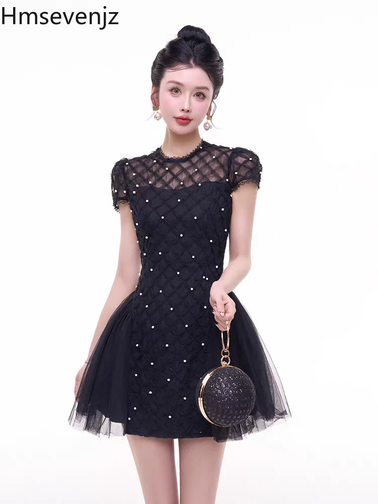 

Hmsevenjz French Bead Mesh Dress for Women's Summer Pure Sexy O-neck Short-sleeved Slim Fit A-line Skirt Fashion Female Clothes