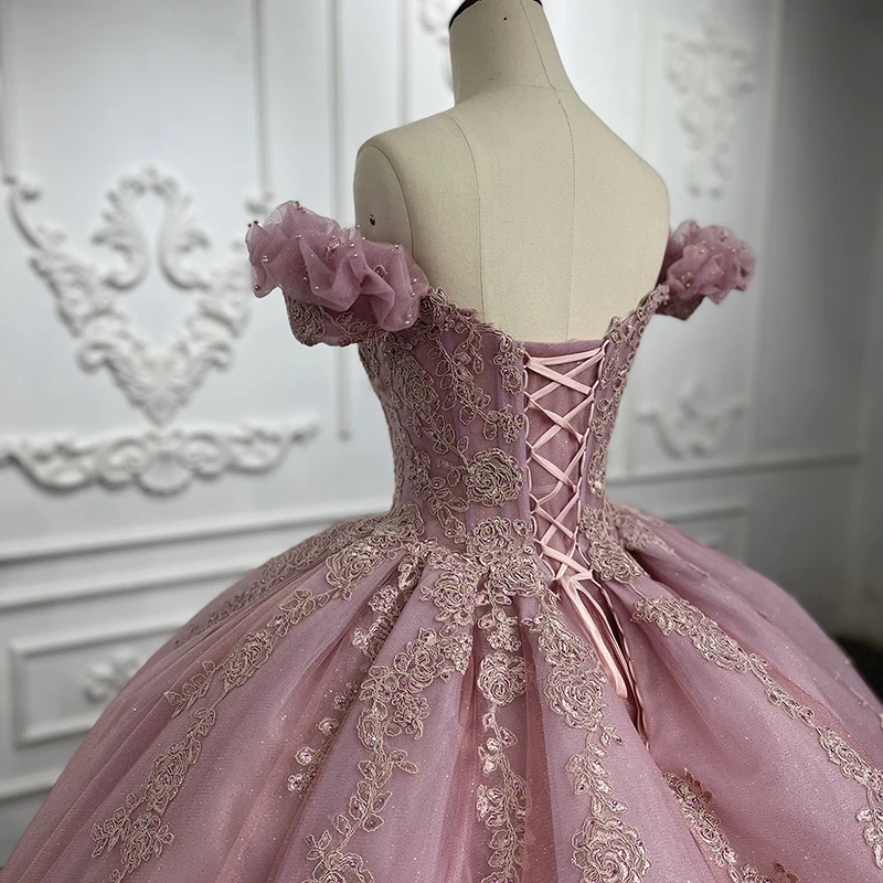 Rosa glitzernde Quince anera Kleider von der Schulter Applikation Spitze Perlen Vestidos de 15 Anos Geburtstags feier Prinzessin süß 16 dres