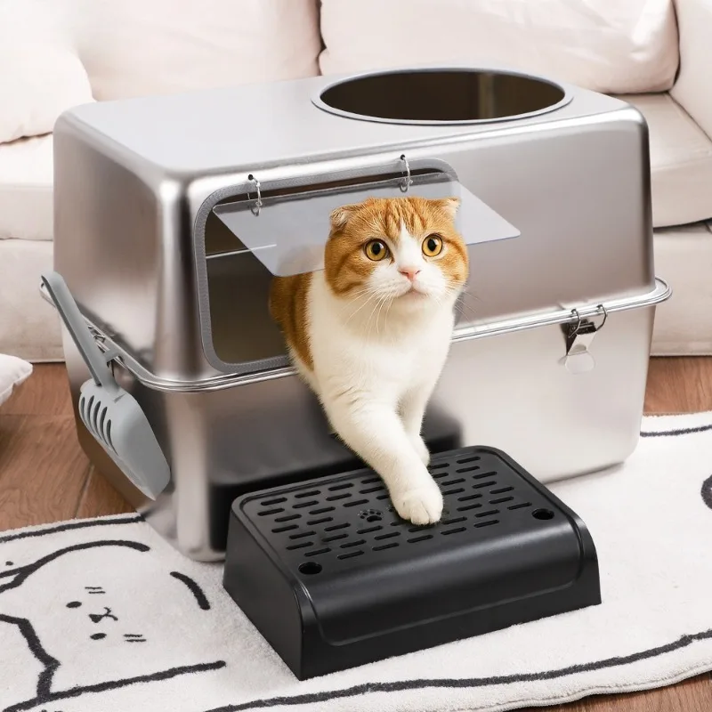 

Песочница для кошек из нержавеющей стали, коробка для кошек, полностью закрытый брызгозащищенный поднос для кошек, судно для кошек, туалет для чистки домашних животных, туалет для домашних животных со ступенькой