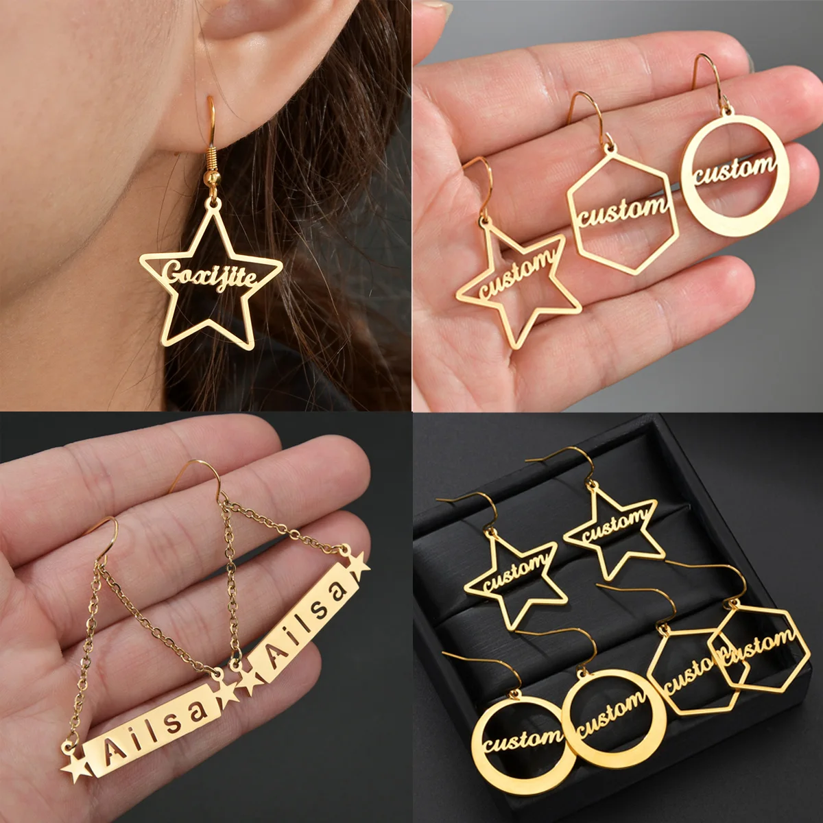 

Personalized Custom Name Round Star Earrings Stainless Steel For Women Girl Fashion Ear Drop Birthday Jewelry Gifts Wholesale