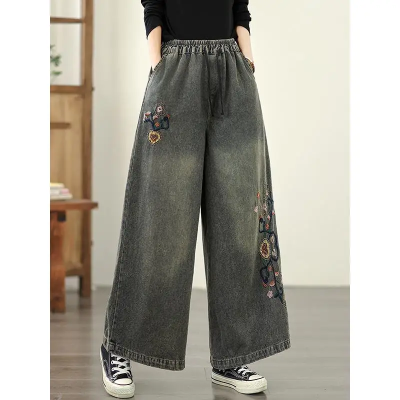

2025 Autumn New Jeans Retro Heavy Industry Embroidery Ethnic Style Elastic Waist Casual Oversized Wide Leg Pants