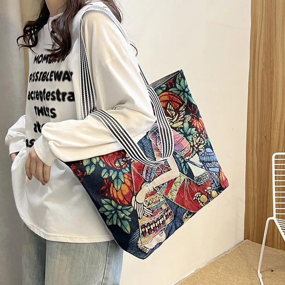 Bolso de compras plegable elegante para mujer, bolsa de almacenamiento de pintura al óleo de hojas, bolso de hombro de lona, bolso de mano artístico pintado