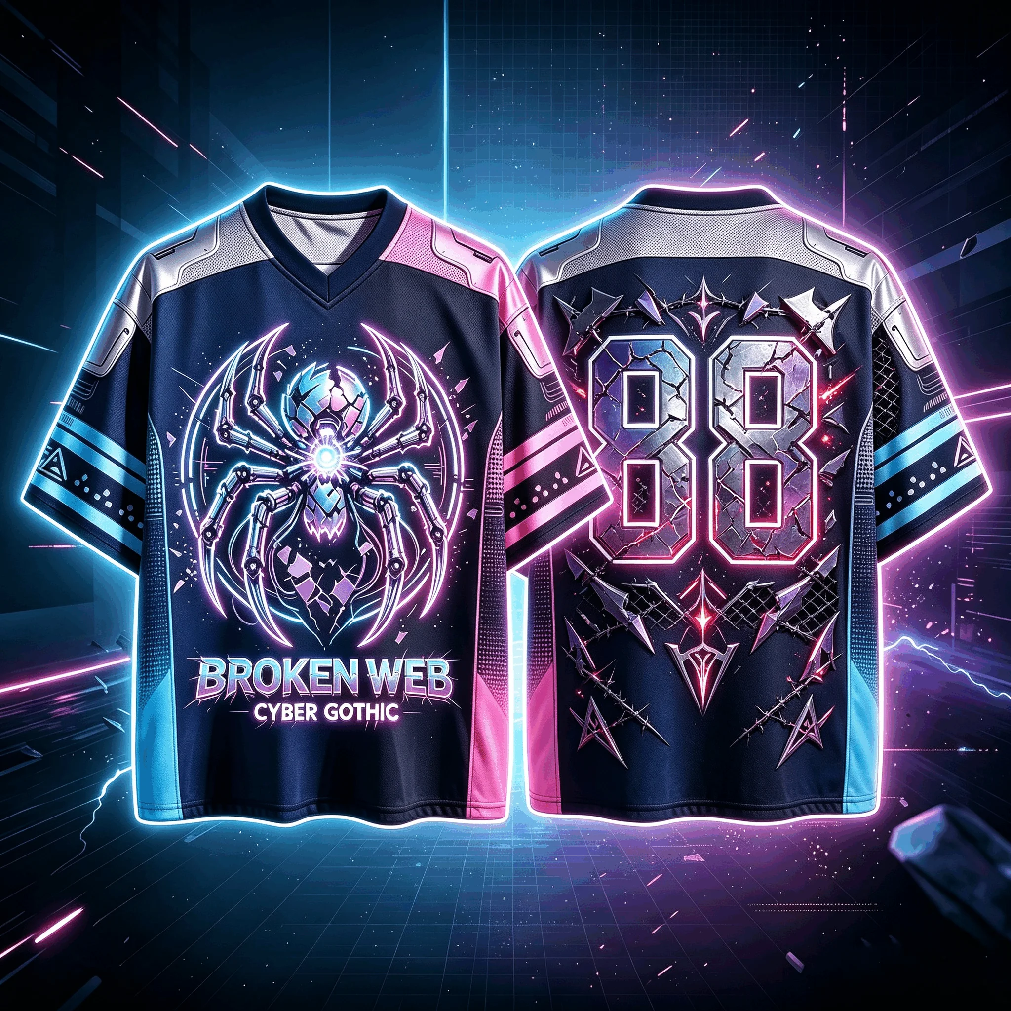 2026 Neon Cyber Gothic Mechanical Spider Mesh Soccer Jersey, Y2K Punk 88 Back‑Print V‑Neck Breathable Cool Street‑Wear Tee
