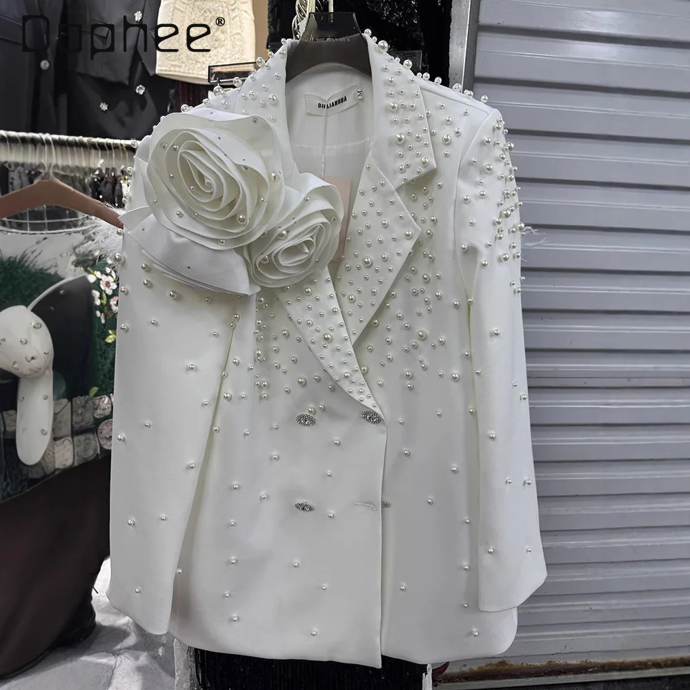 Schwere Perlen Dreidimensionale Blume Blazer Büro Dame Langarm Zweireiher Licht Luxus frauen Anzug Frühling Herbst Neue