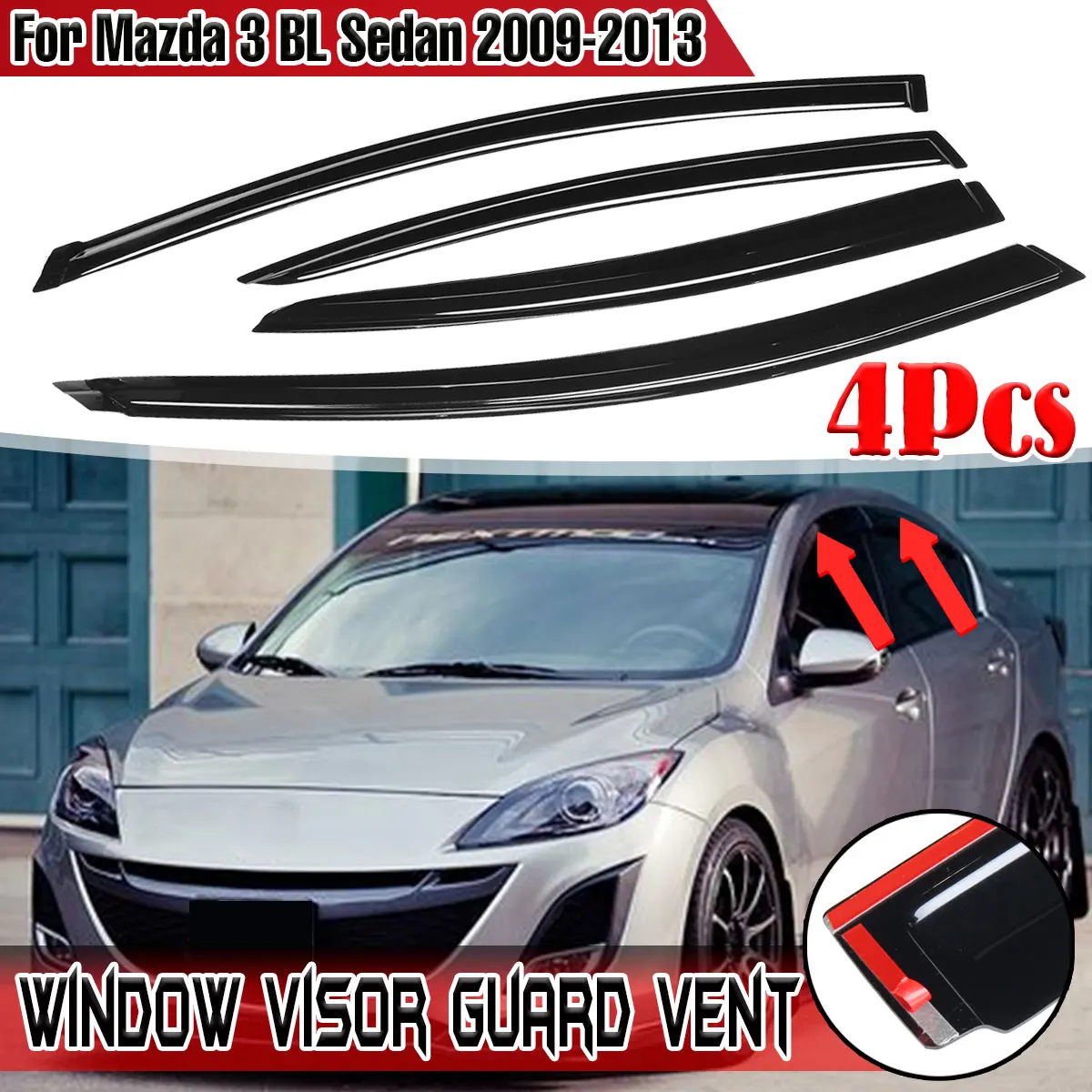 

4pcs Car Side Window Visor Deflector Wind Shields Sun Rain Guards Vent For Mazda 3 BL Sedan 2009-2013 Window Wind Deflector