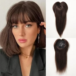 Dark Brown Human Hair Topper With Bangs 12inch/30cm Clips in Human Hair Topper for Women 8*8 cm Silk Base Hair Pieces