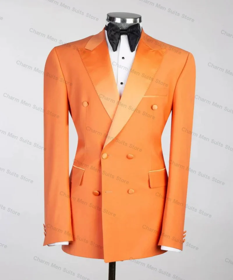 Orange Office Men Suits Set 2 Piece Blazer+Pants Cotton Trousers Groom Wedding Tuxedo Custom Made Prom Jacket Satin Lapel Coat