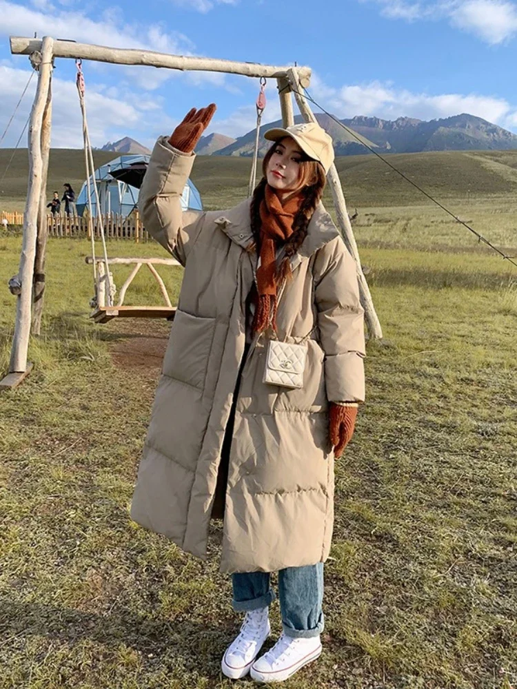 Korean-style Thicken Warm Over-the-knee Jacket Women Casual Long Coat Long Sleeve Loose Parkas Winter Button Pocket Office Coat