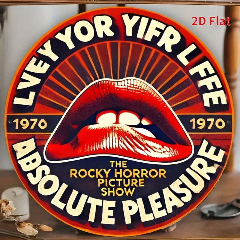 [2D Flat] Vintage Rocky Horror Picture Show Metallschild – 19,81 cm runde Eisenwanddekoration mit klassischem Filmplakat-Design, rote Lippe