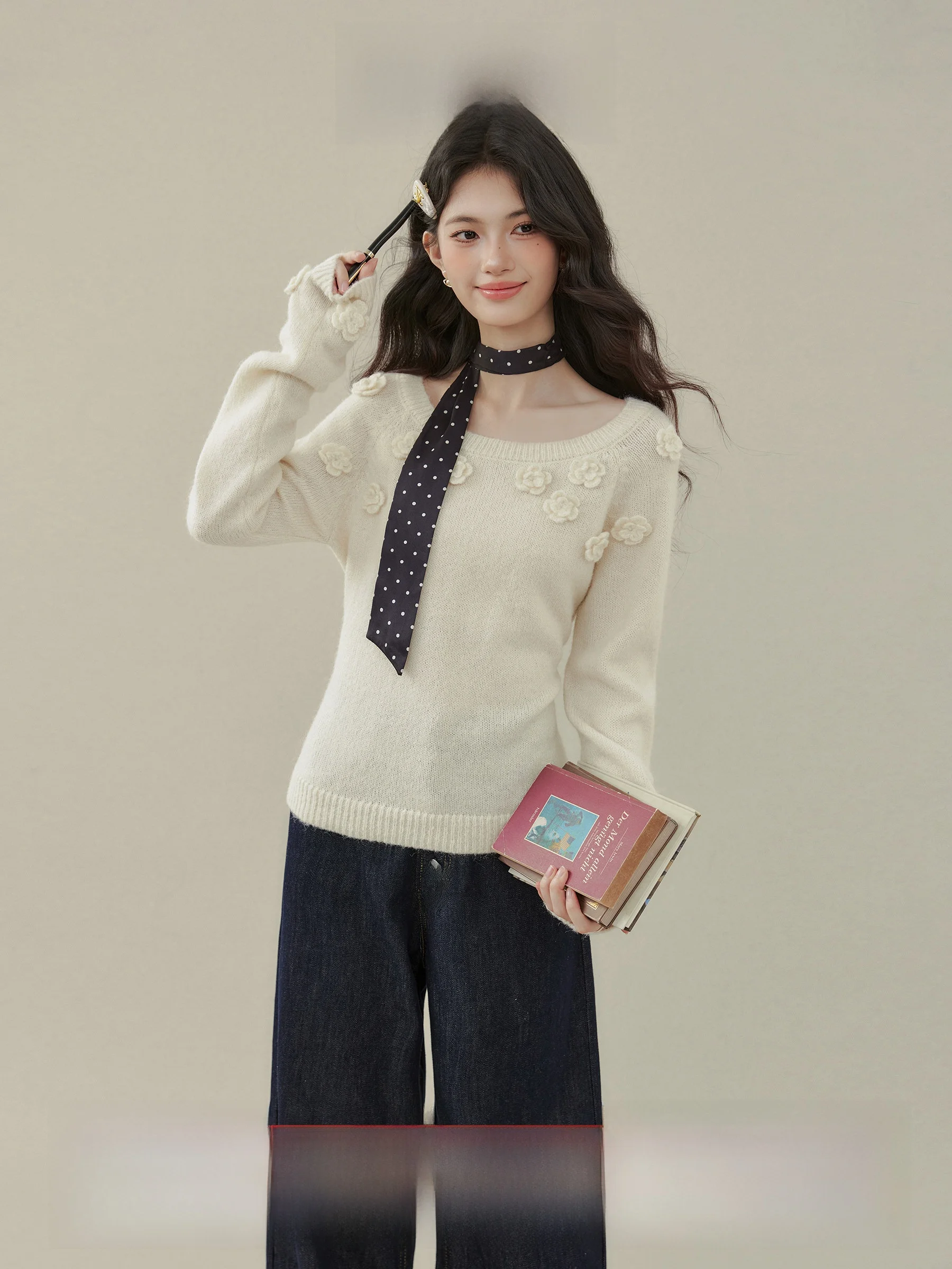 

Женский вязаный свитер Ele Long Sve, облегающий базовый слой с декором в виде роз, повседневный осенний топ из серии "Сад на крыше"