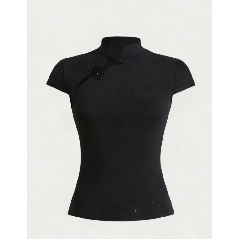 Summer New Collection, Vintage Chinese Style, Unique Design, Pan Buckle, Slim Fit Cheongsam Collar, Short Sleeve Top
