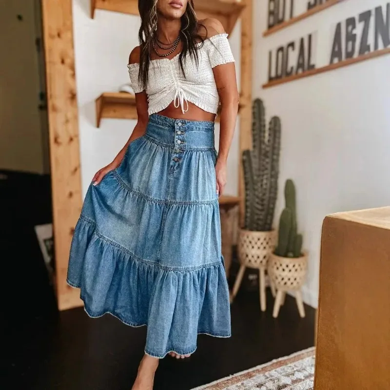 

2025 Women New Product A-line Layered Cake Cowboy Skirt Simia Layered Cake Denim Skirt