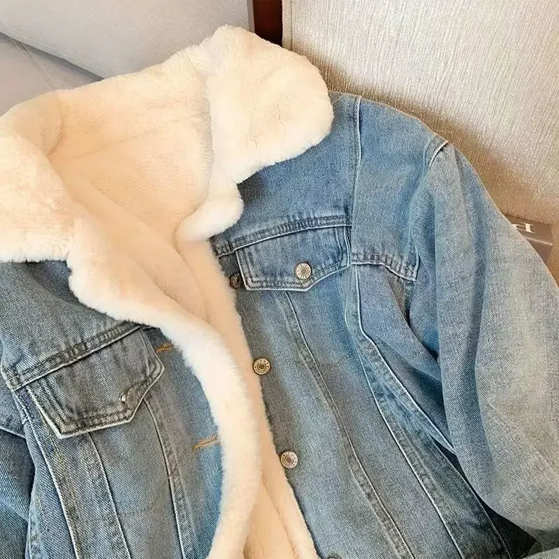 Winter Thicken Denim Jacket Women Two Sides Wearing Lamb Wool Outwear Female Loose Casual Warm Coat Lady POLO Collar Long Sleeve