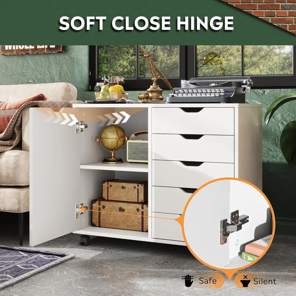 Cómoda de madera de 5 cajones con puerta, gabinete de almacenamiento móvil, soporte de impresora para oficina en casa