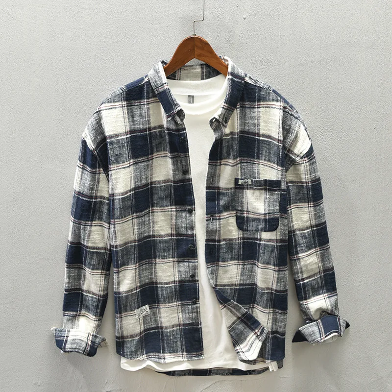 Japanese Style Long Sleeve Flannel Shirt Men's Casual Vintage Loose Top Youth Pure Cotton Shirt Jacket Red Plaid Fashion Urba...