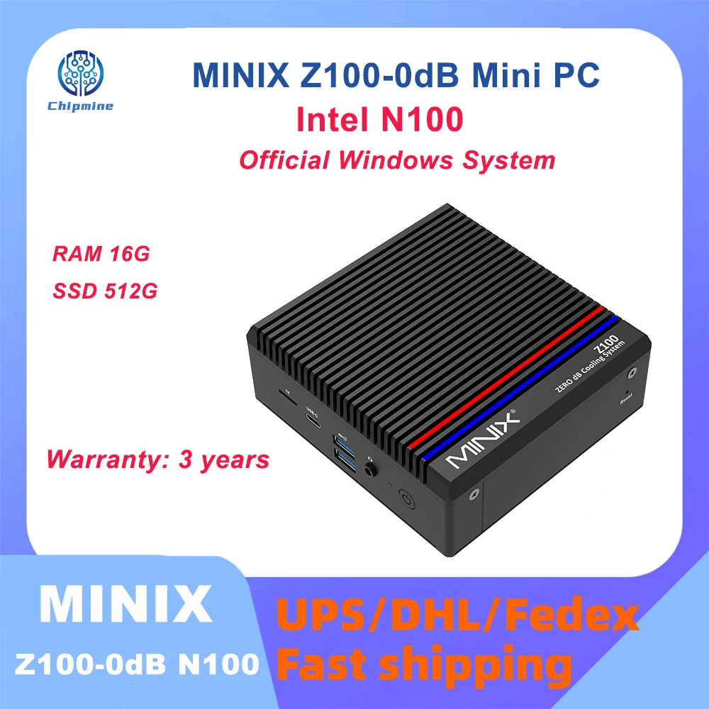 

MINIX Z100-0dB Intel N100 Gaming Fanless Mini Pc 16G 512GB Office Home Design DDR4 Pc Windows 11 Pro Pc Desktop Computer