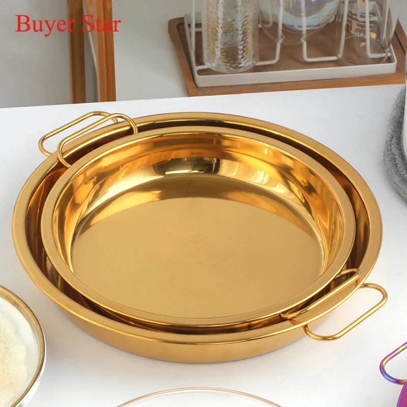 Round Stainless steel pan cakPizza Baking tray with handle Noodle food serving pot tableware cookware Gold Metal kitchen tools