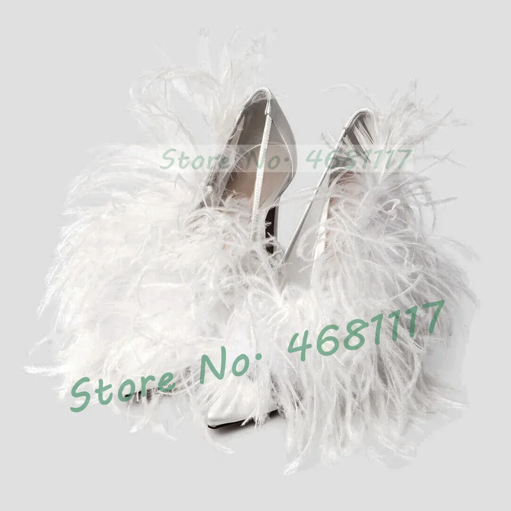Elegant Real Feather Pointed Toe Pumps Women Luxury Furry Satin High Heels Shoes Ladies Flowing Fur Feminine Party Dress Shoes