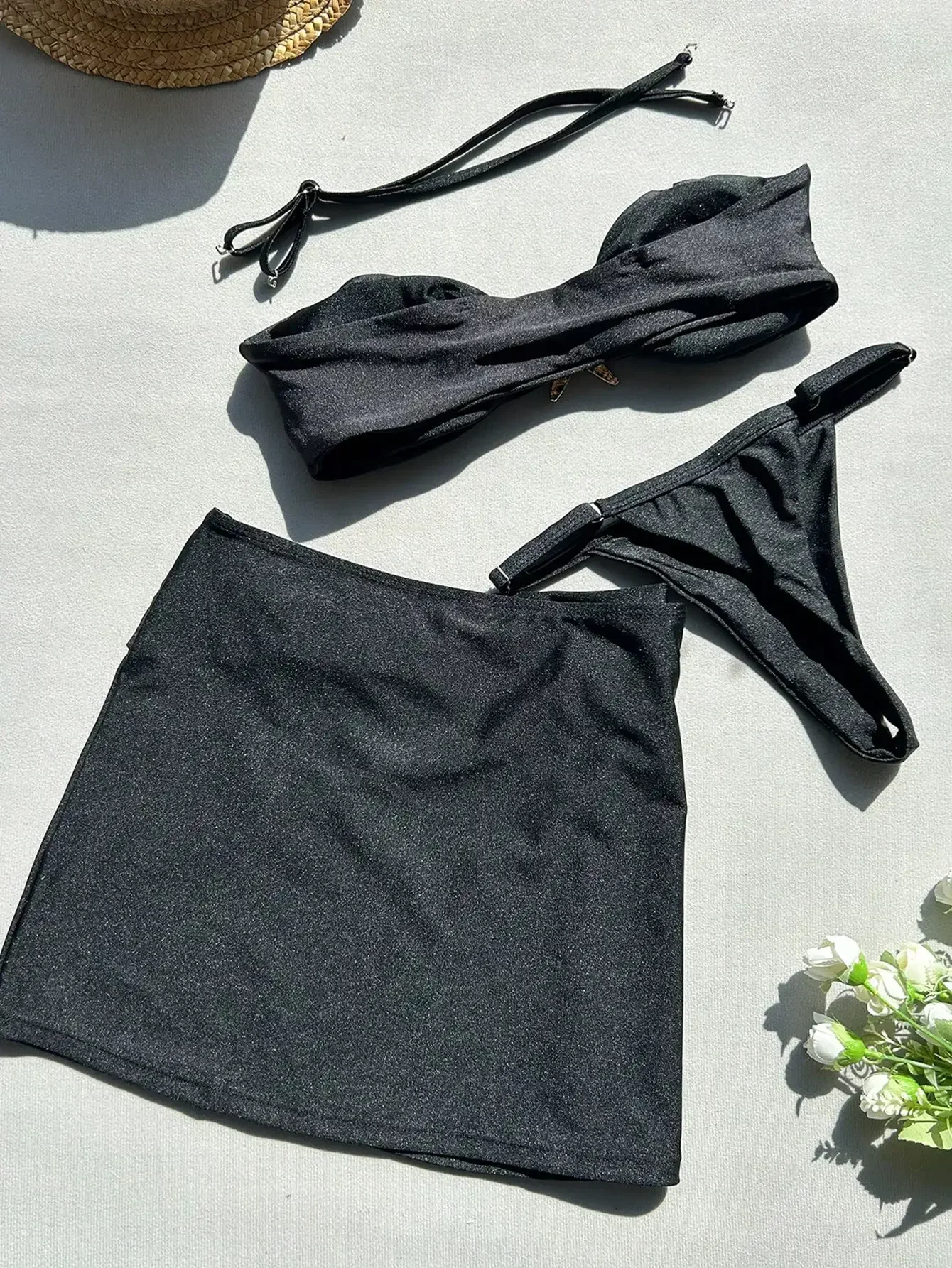 Peachtan Damskie, jednokolorowe, seksowne bikini i spódnica z szelkami, ozdobione metalowymi rozgwiazdami, trzyczęściowy zestaw do wakacji na plaży