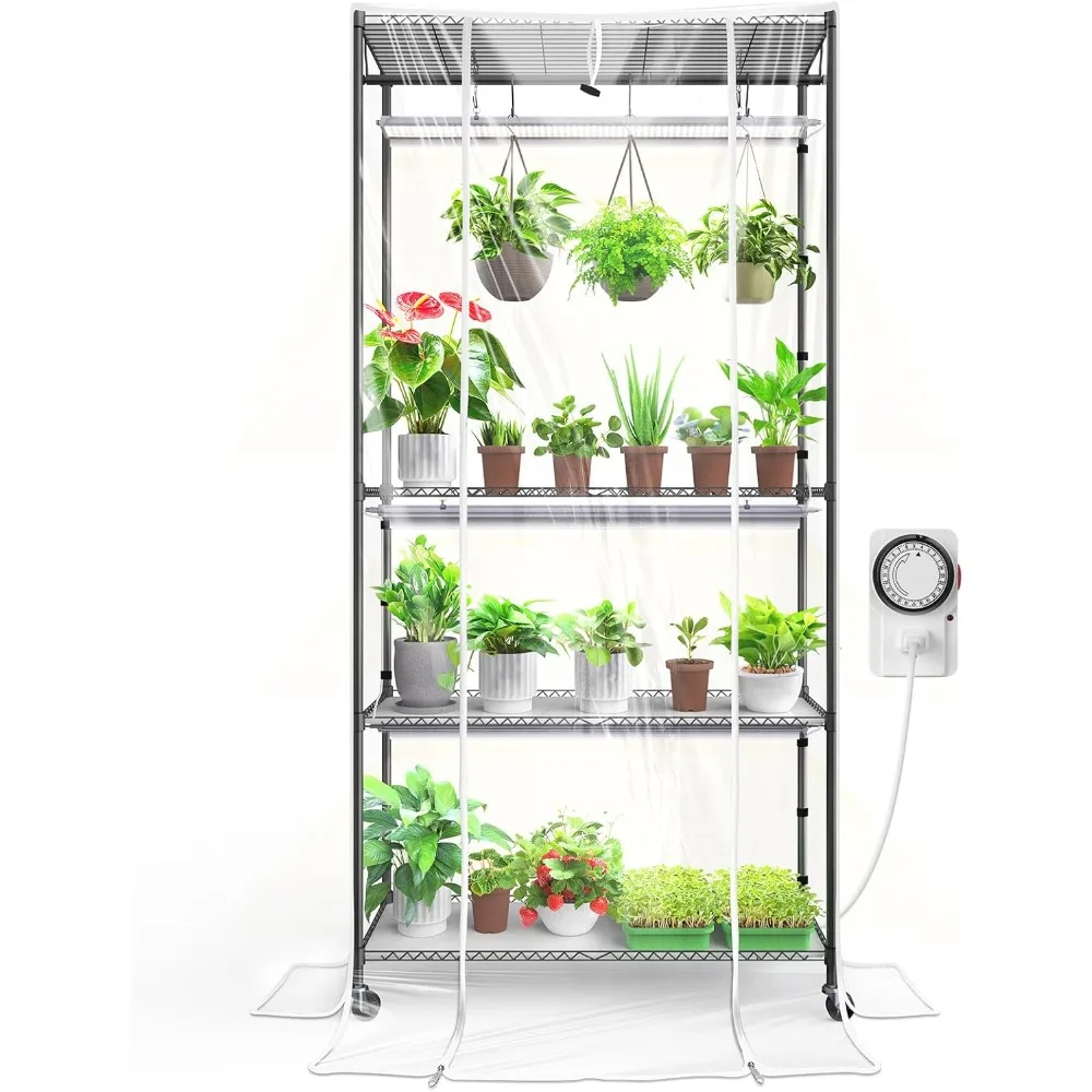 

barrina cx3z indoor greenhouse with grow light, 4-tier metal plant stand with zippered eva cover and wheels, led full spectrum 3