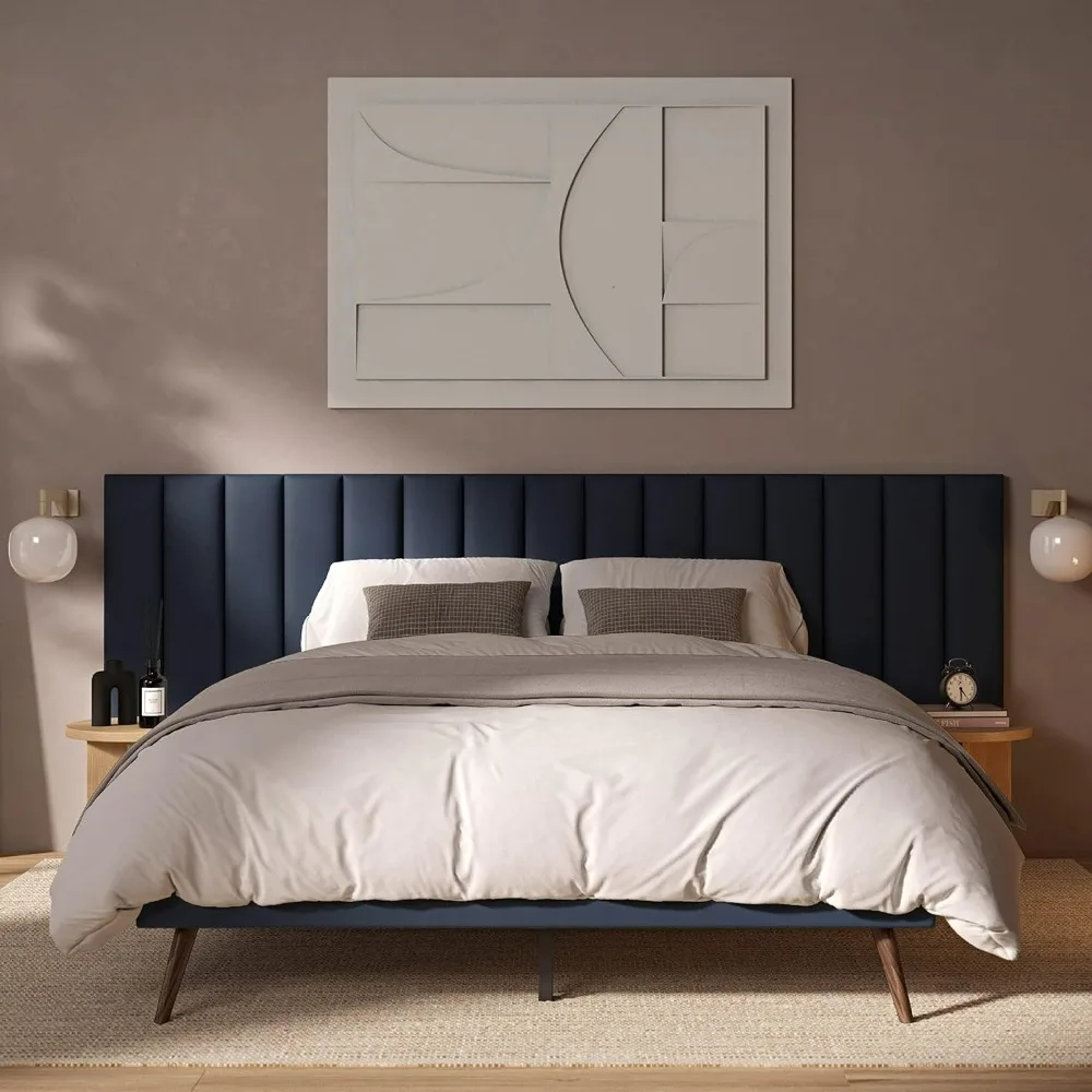 Queen Bed Frame with Extended Headboard, Soft Blue Velvet Fabric,Splayed Wood Legs,Wood Slat Support,Chic Tan Headboard