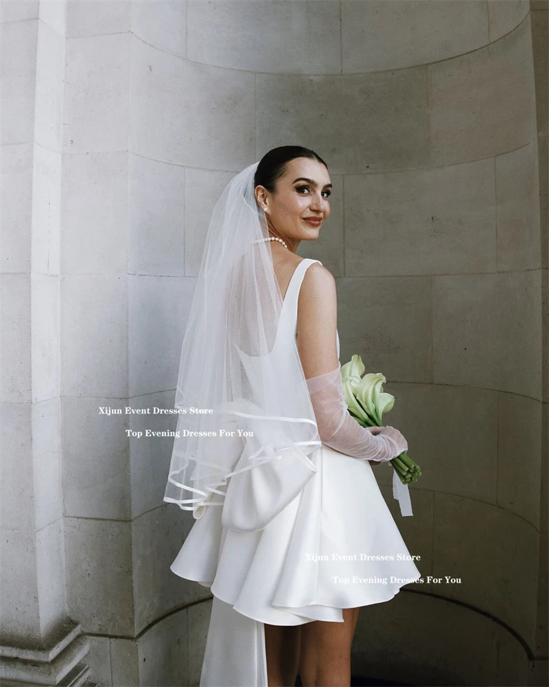 Xijun Modern Satin Short Wedding Dresses Bow Back Sleeveless Square Collar Mini Bridal Gowns A-Line Formal Prom Dresses Customiz