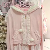 Sudadera con capucha con orejas de conejo Kawaii, dulce y linda, con ribete borroso, cremallera recortada de encaje, pompón, bolsillos con lazo, chaqueta informal linda con cremallera rosa