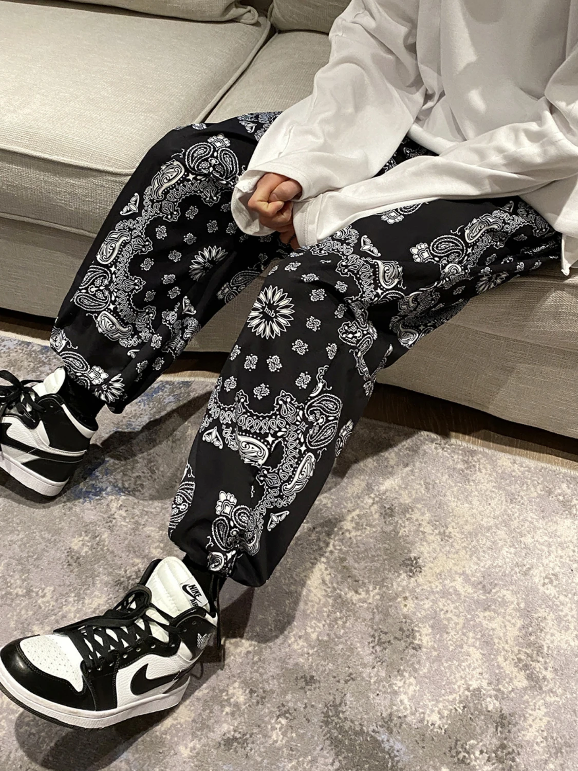 

Elastic Waist Casual Pants Large Size Men's Printed Pants Walnut Flower Bla Decal Workwear Summer Straight Leg Trousers