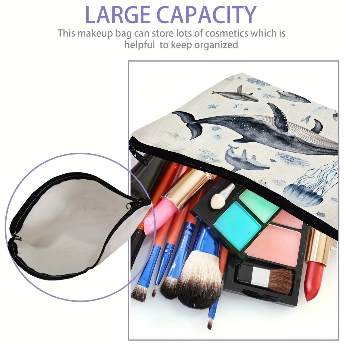 1pc Cosmetic Bag with Ocean Animals Print, Portable Shark & Whale Makeup Pouch, Marine Life Theme Toiletry Organizer for Women 5