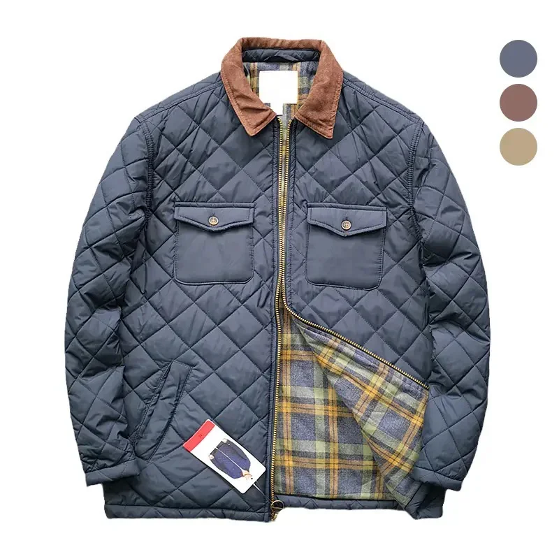 Men\'s Diamond Check Clamp Cotton Jacket Waterproof With Pocket Cargo Coats Vintage Casual Outerwear Male