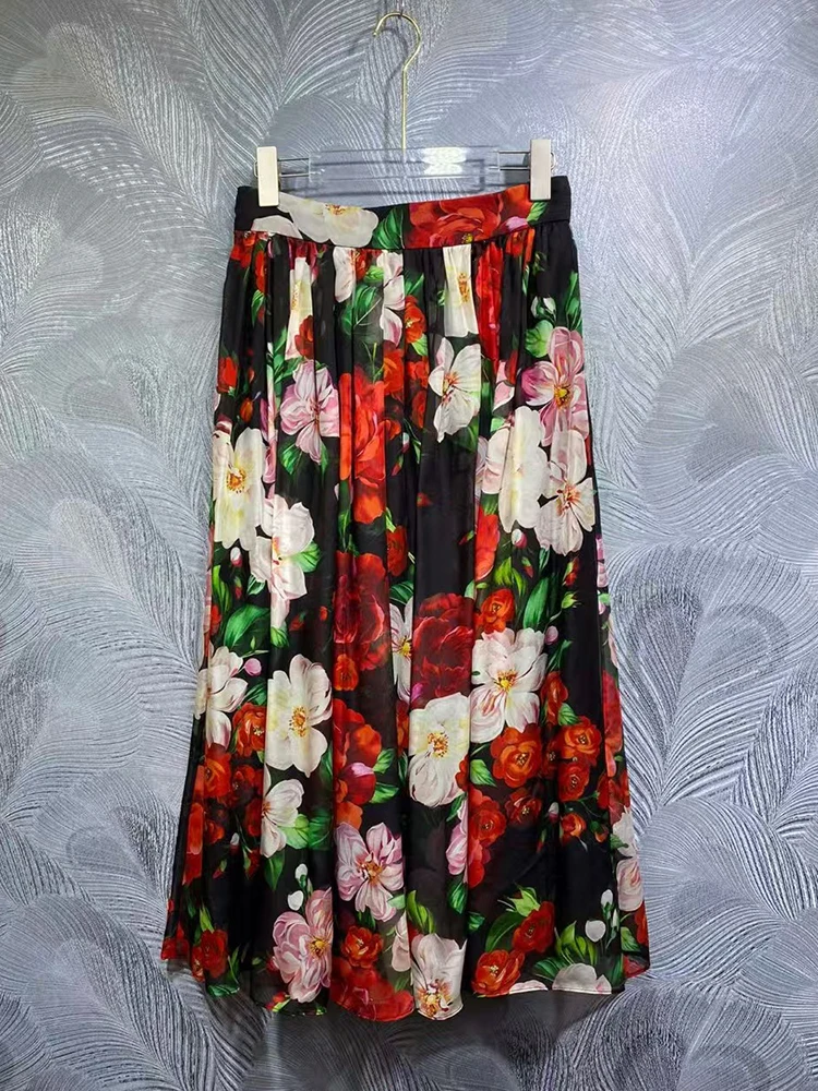 2024 Autumn women's new pondy skirt vintage printed high-waisted pleated silk skirt fashion everything loose pleated skirt