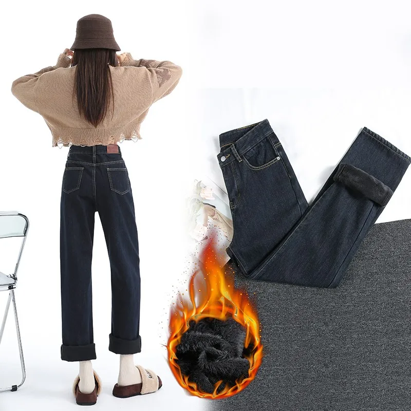 ZHISILAO Thick Fur Jeans Women Vintage Warm High Waist Straight Denim Pants Winter 2024