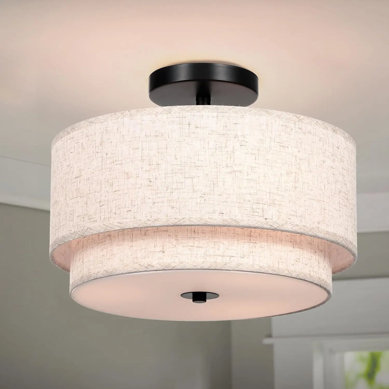 

Frideko Home 3 Light Semi Flush Mount Ceiling Modern Close To Ceiling Fixture With 2-Layer Fabric Shade