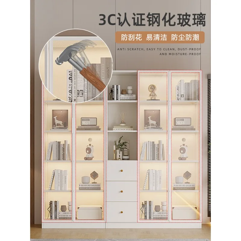 Figure cabinet glass door bookcase floor combination solid wood white bookcase display custom simple storage storage bookshelf view 4