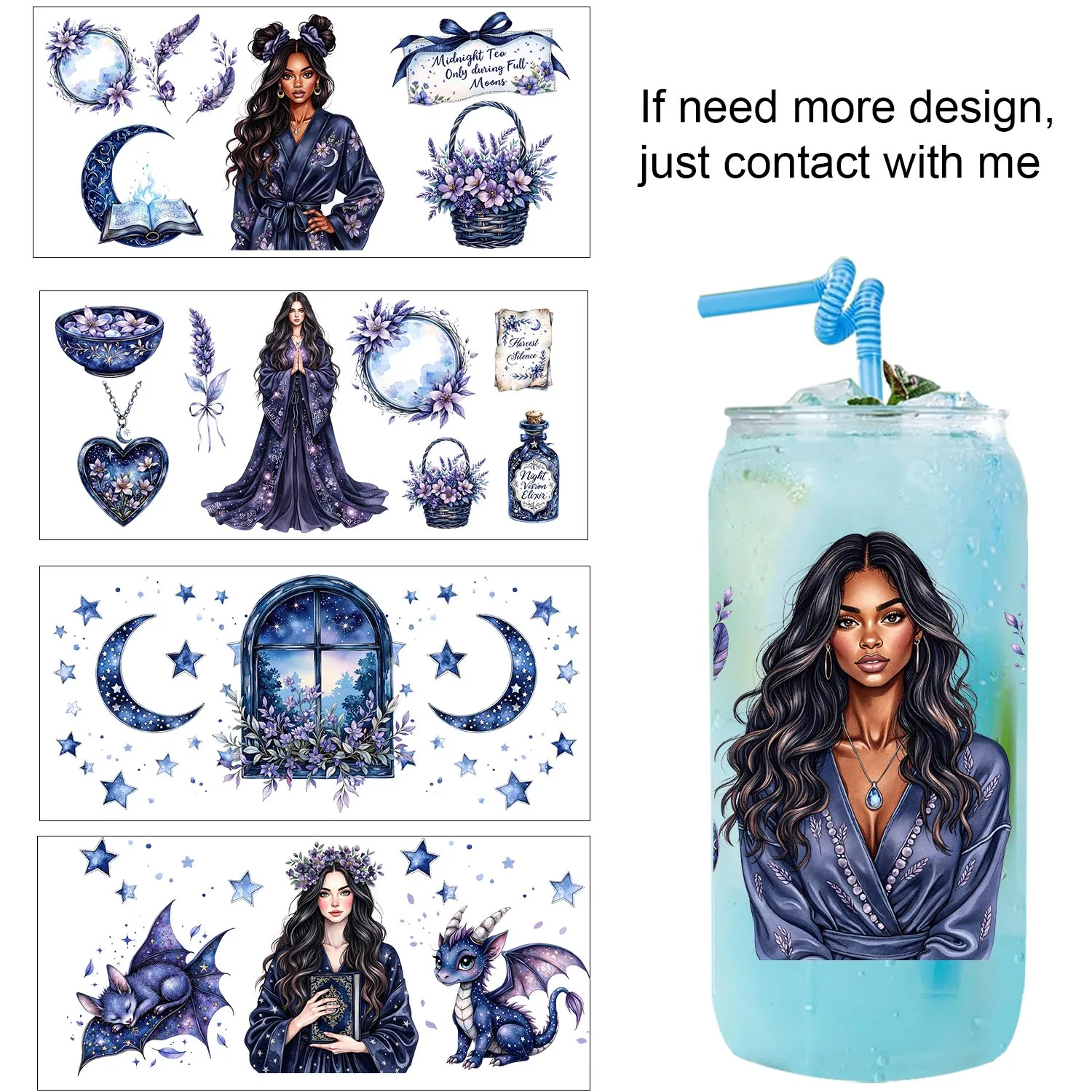 Moonlight spells girl Series easy peel waterproof DIY decoration decals 3D transfers uvdtf sticker 16oz uv dtf cup wraps