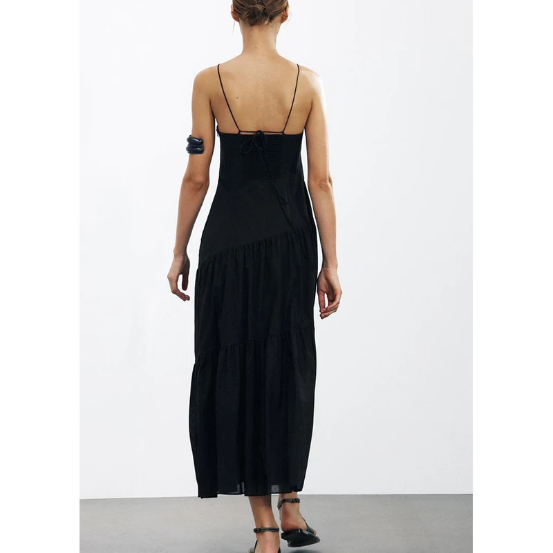 봄 여름 여성 패션을위한 나비 넥타이 백리스 디자인의 우아한 하이 웨이스트 코튼 블렌드 Strapl 롱 드레스