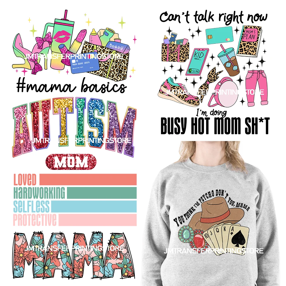 Colorful Mother Baby Hood Autism Mom Good Mama Day Bad Words Printing Mama Basics DTF Heat Transfer Stickers For T-shirts