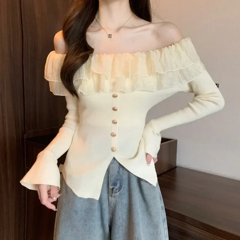 Flare Sleeve Contrast Color Ruffles Women Cardigans Korean Fashion Vintage Sweaters Elegant Slash Neck Jerseys Mujer