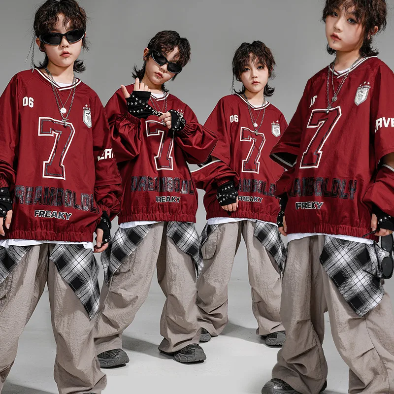 

Kid Hip Hop Clothing Wine Red V Neck Elastic Hem Sweatshirt Gray Casual Wide Cargo Pants for Girl Boy Jazz Dance Costume Clothes