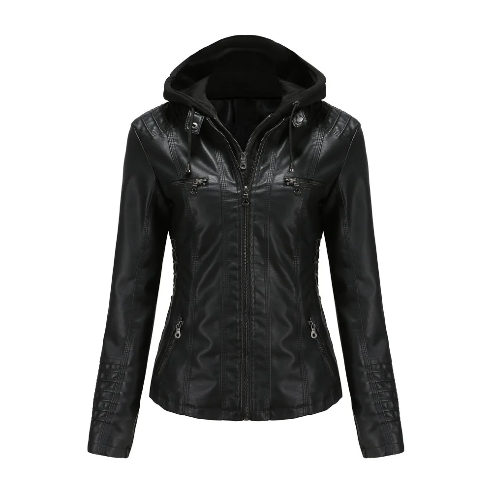 

Hooded leather jacket two-piece detachable large size leather coat women's spring and autumn coat women's PU washed leather