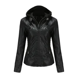 Hooded leather jacket two-piece detachable large size leather coat women's spring and autumn coat women's PU washed leather