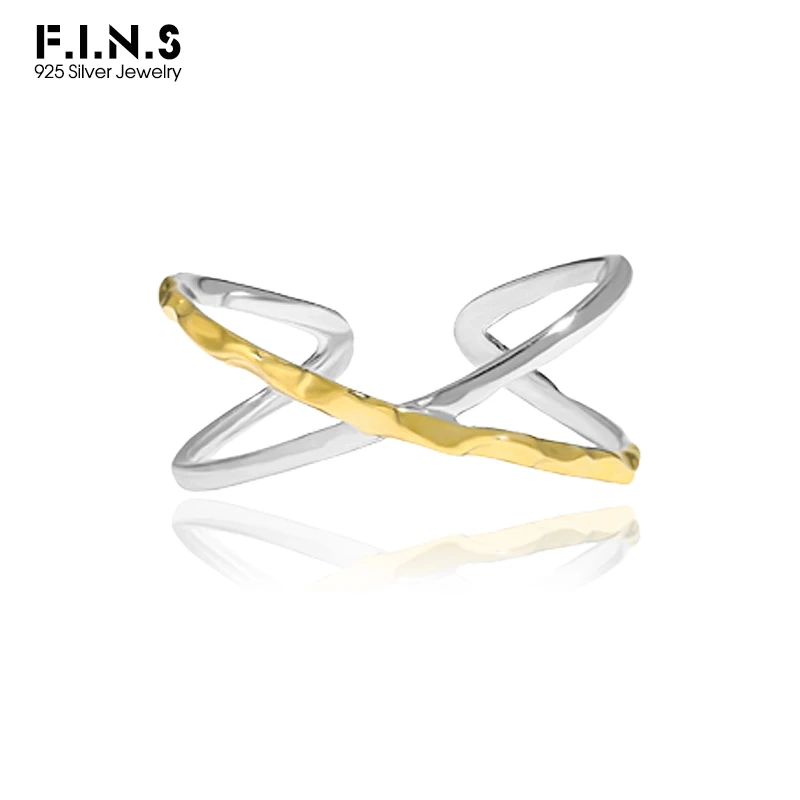 F.I.N.S Korean Style Double Layer Cross Lines S925 Sterling Silver Gold Open Ring Woman Minimalist Fine Jewelry Accessories