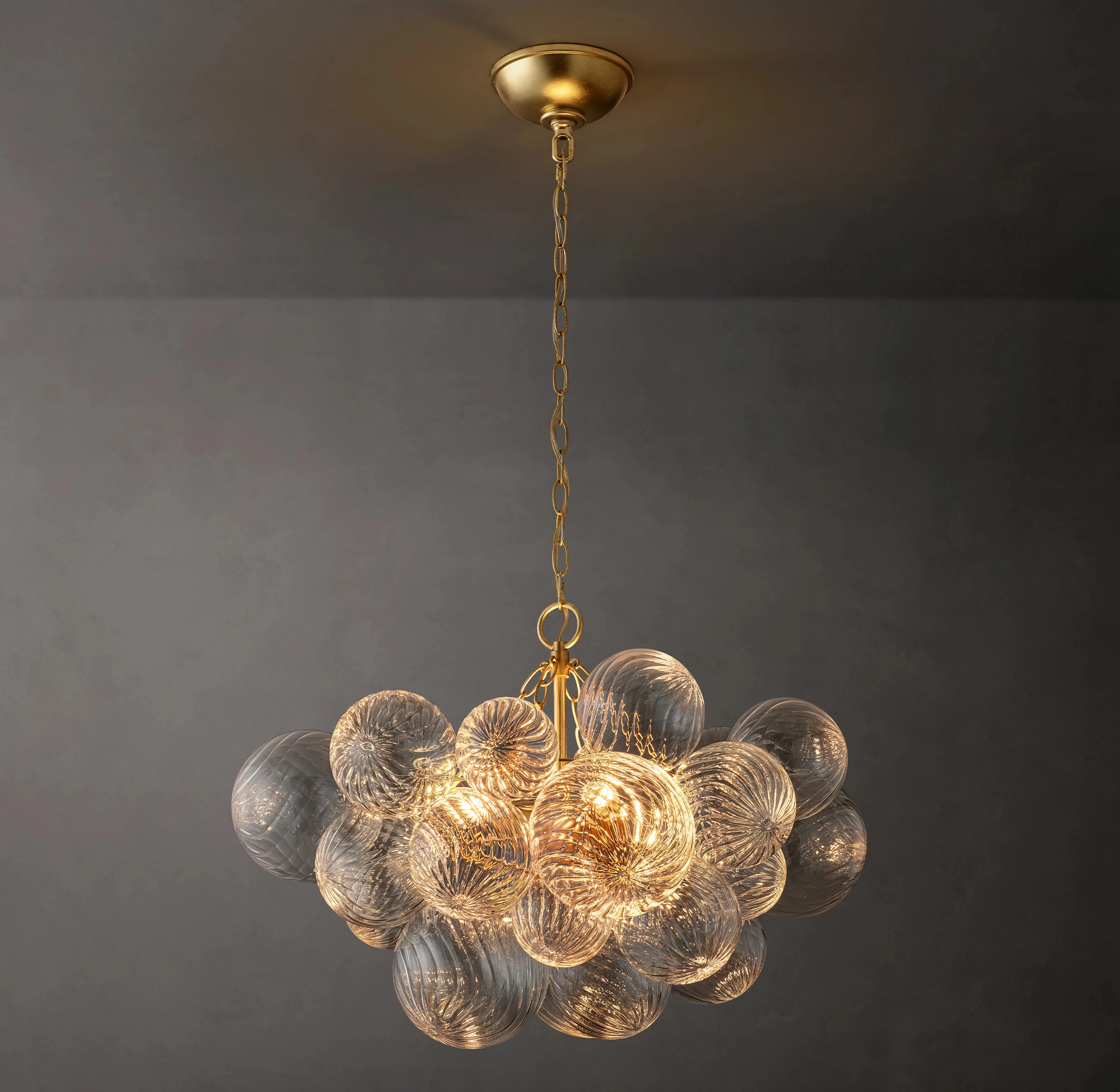 Gold Bubble Chandelier Lighting Swirled Clear Ribbed Hand Blown Glass Ball Hanging Decorative Light Fixture for Living Room Hall